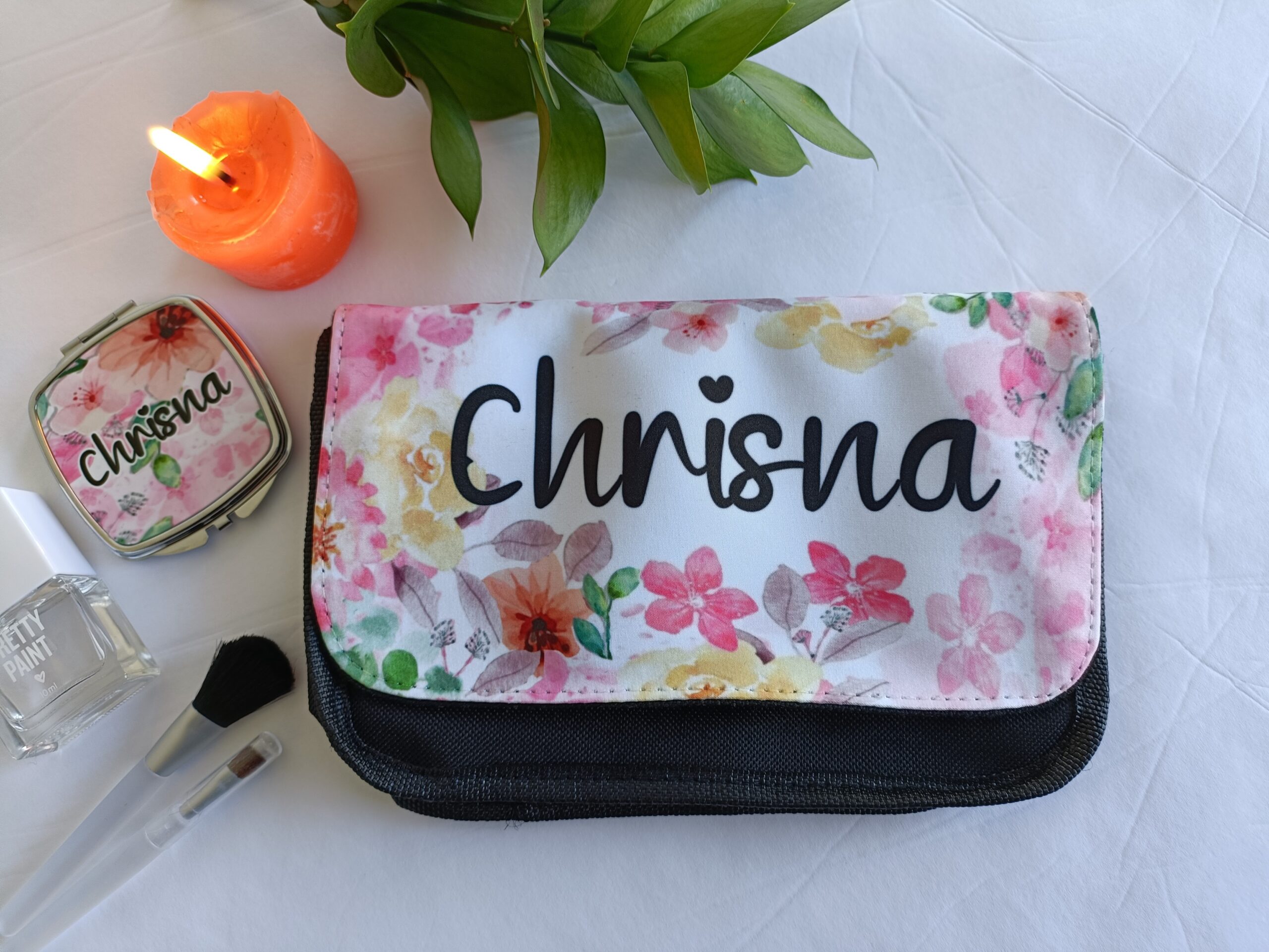 Personalised cosmetic bag with flap