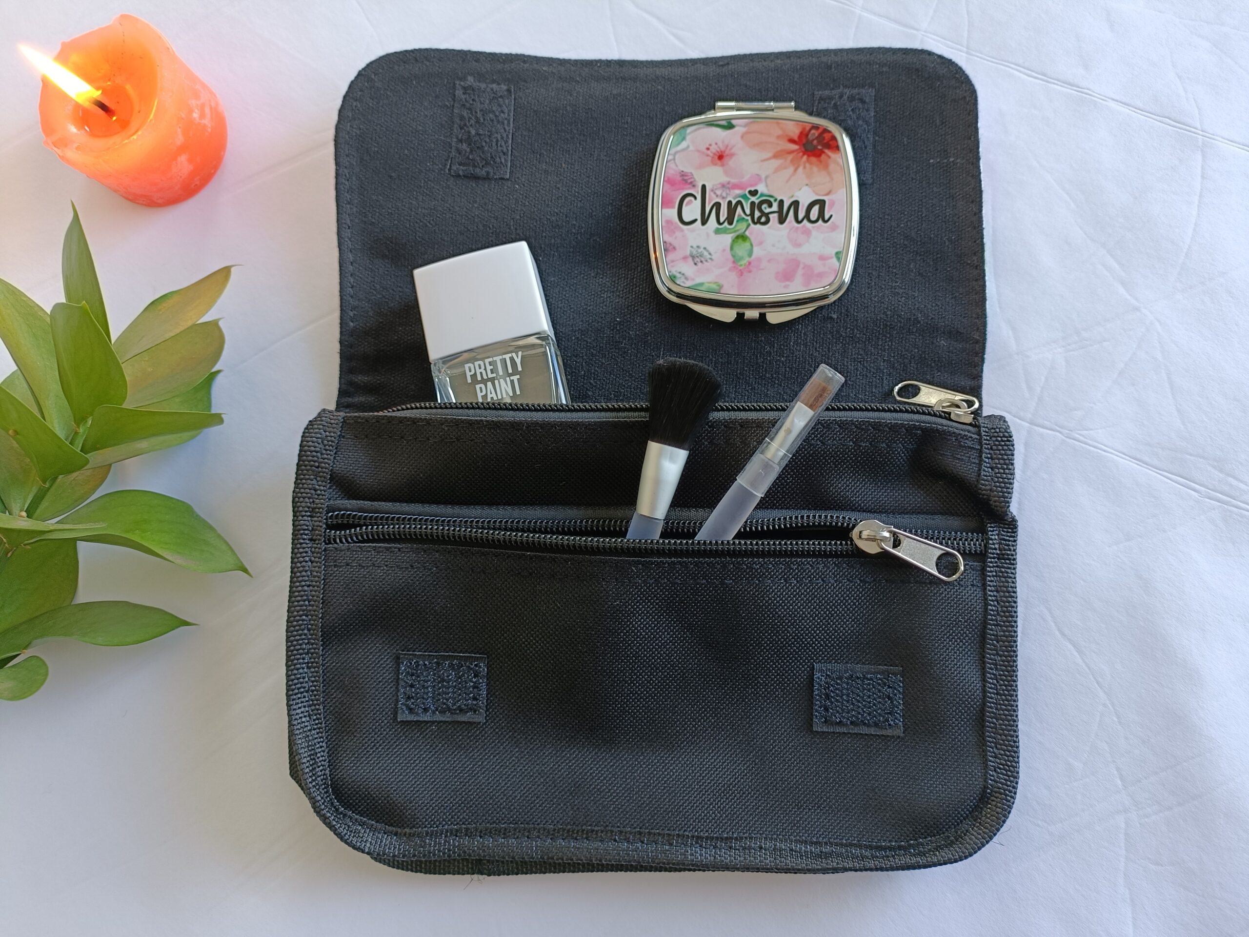 Personalised cosmetic bag with flap